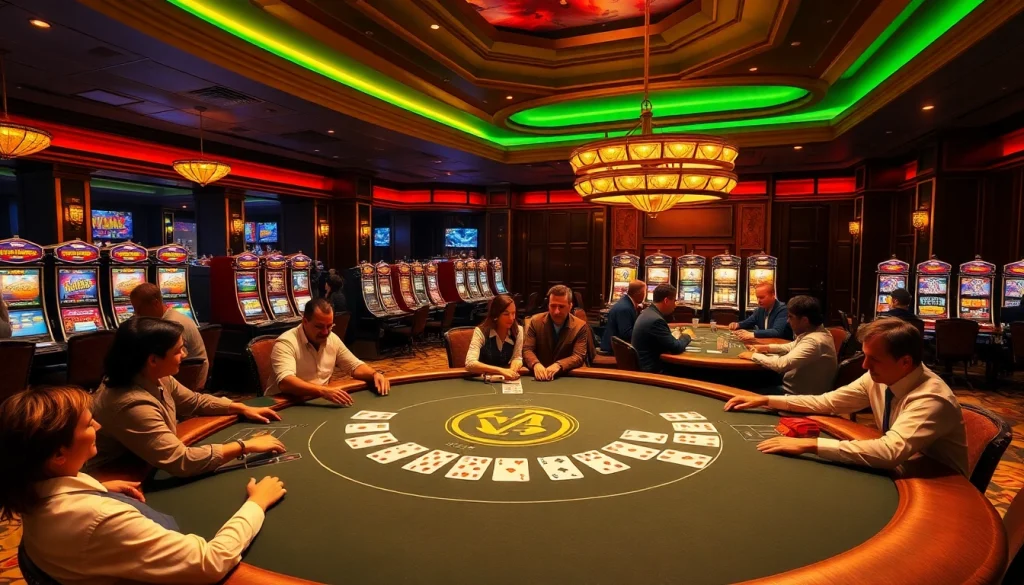 The VMAX Game poker tournament in a vibrant casino setting, showcasing players strategizing at a luxurious table.
