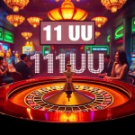 A casino scene featuring excitement and energy where players gamble on roulette, highlighting 11UU in neon lights.