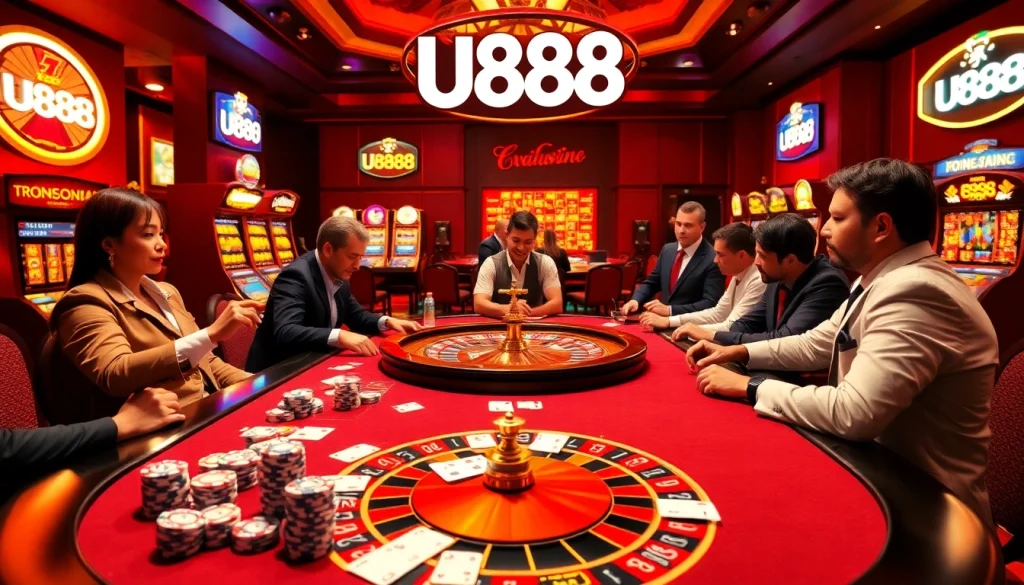 U888 casino players enjoying a high-stakes poker game with vibrant chips and cards.