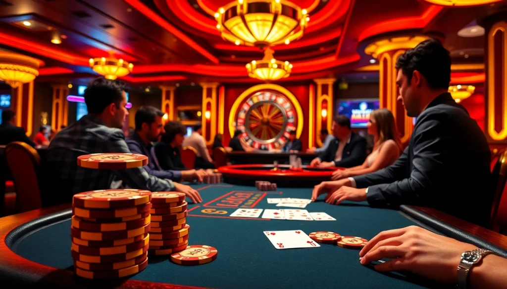 Players enjoying a thrilling poker game at xx88 casino, with vibrant lights and poker chips on the table.
