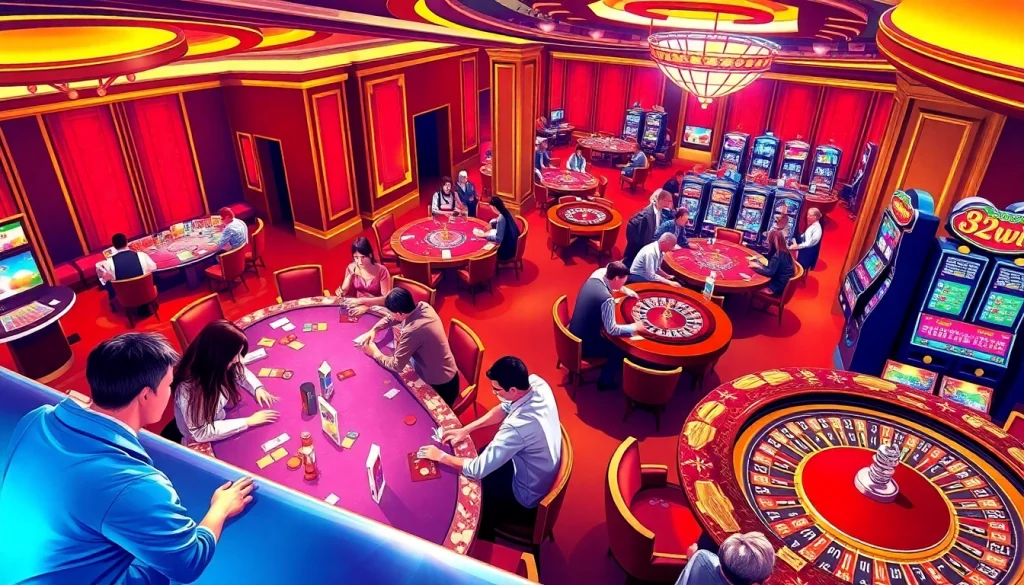 32win casino interior showcasing players engaged with poker cards, roulette wheels, and vibrant slot machines.