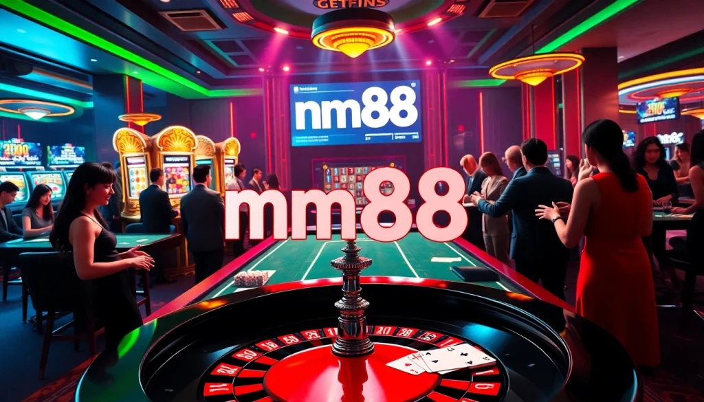 Engaging casino scene showcasing players enjoying mm88's online gambling features with a roulette table and slot machines.