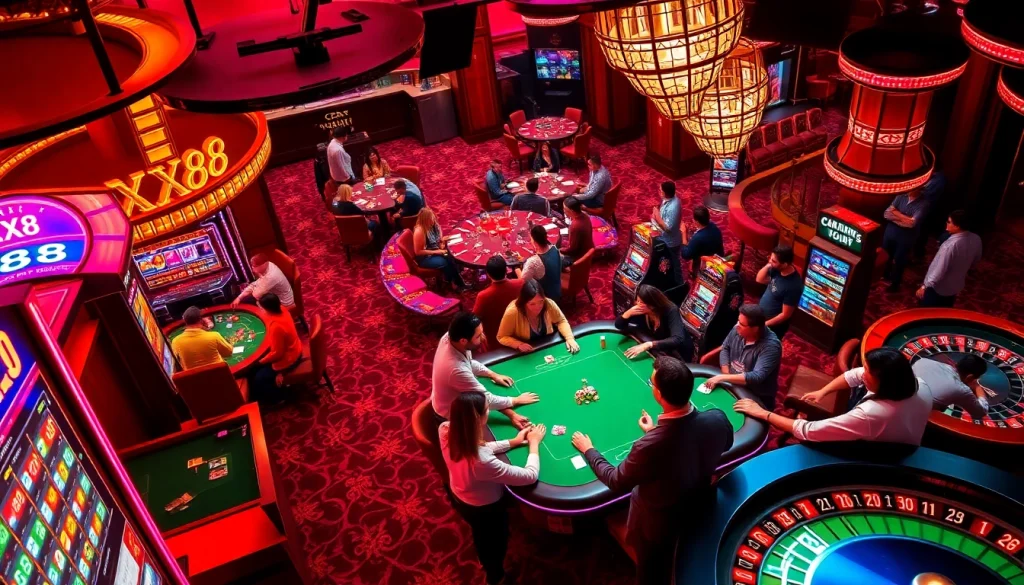 XX88 slot machine surrounded by enthusiastic players at a luxurious casino.