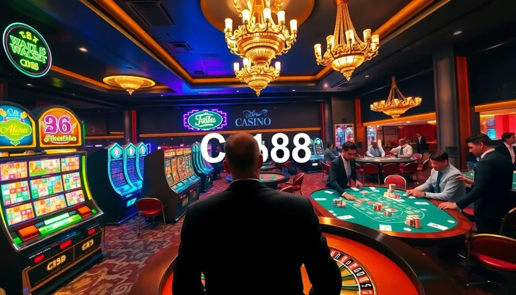 Explore the exhilarating atmosphere of a casino with vibrant slot machines, C168 roulette table, and enthusiastic players at poker.
