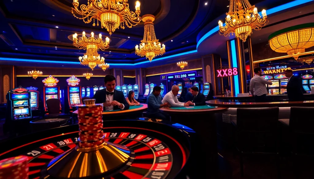 Exciting XX88 casino scene showcasing poker and roulette action at a luxury venue.