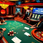 Experience VAOBET’s thrilling atmosphere with players at a poker table surrounded by gleaming slot machines and roulette wheels.