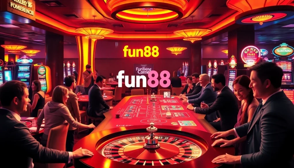 Fun88 players enjoying exciting games at a lively casino table, featuring roulette and poker.
