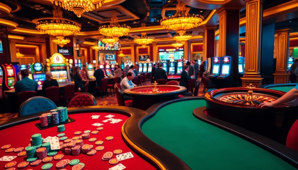 Players at a poker table place their bets at the bustling casino, where excitement meets strategy at https://ee88.law/.