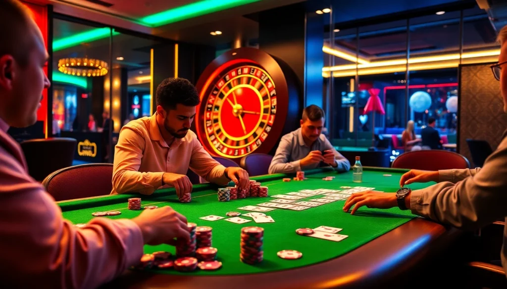 A thrilling poker game at a vaobet casino table, with vibrant chips and engaged players.