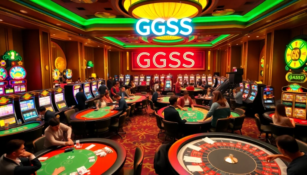 Exciting casino atmosphere with players at tables, GGSS neon sign illuminating the vibrant gambling scene.