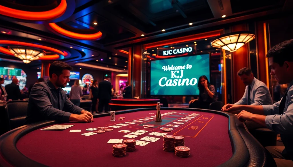 KJC Casino features intense blackjack gameplay with enthusiastic players at the table, capturing high-stakes action.