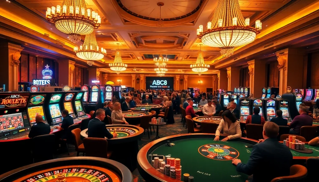 Experience the excitement at ABC8's vibrant casino with players at roulette tables and engaging slot machines.