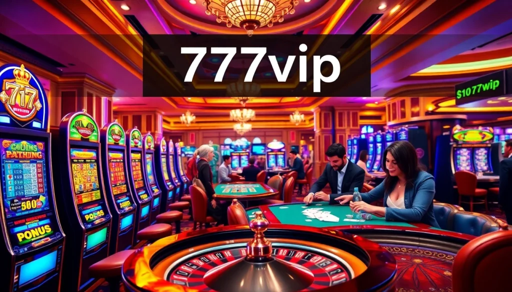 Players enjoy thrilling games at the 777vip casino, featuring vibrant slot machines and engaging poker tables.