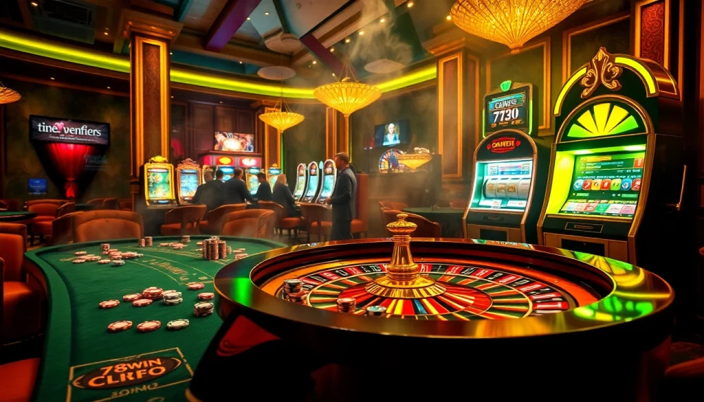 Experience 78win love at the casino with players enjoying roulette and slot machines.