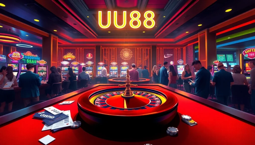 Experience the thrill of live gaming at UU88 Casino with vibrant roulette and slot machines.